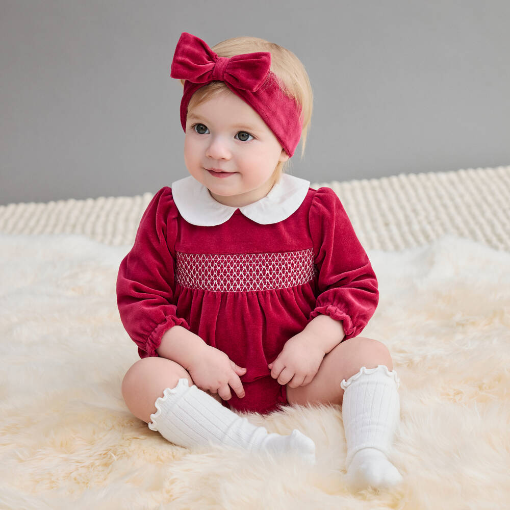Little Me-Baby Girls Red Velour Smocked Shortie Set | Childrensalon