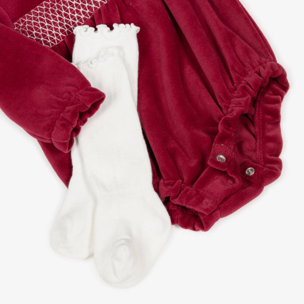 Little Me-Baby Girls Red Velour Smocked Shortie Set | Childrensalon