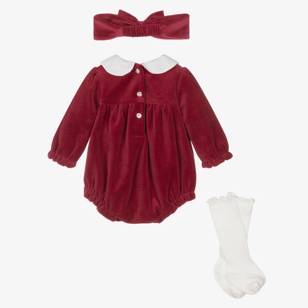 Little Me-Baby Girls Red Velour Smocked Shortie Set | Childrensalon