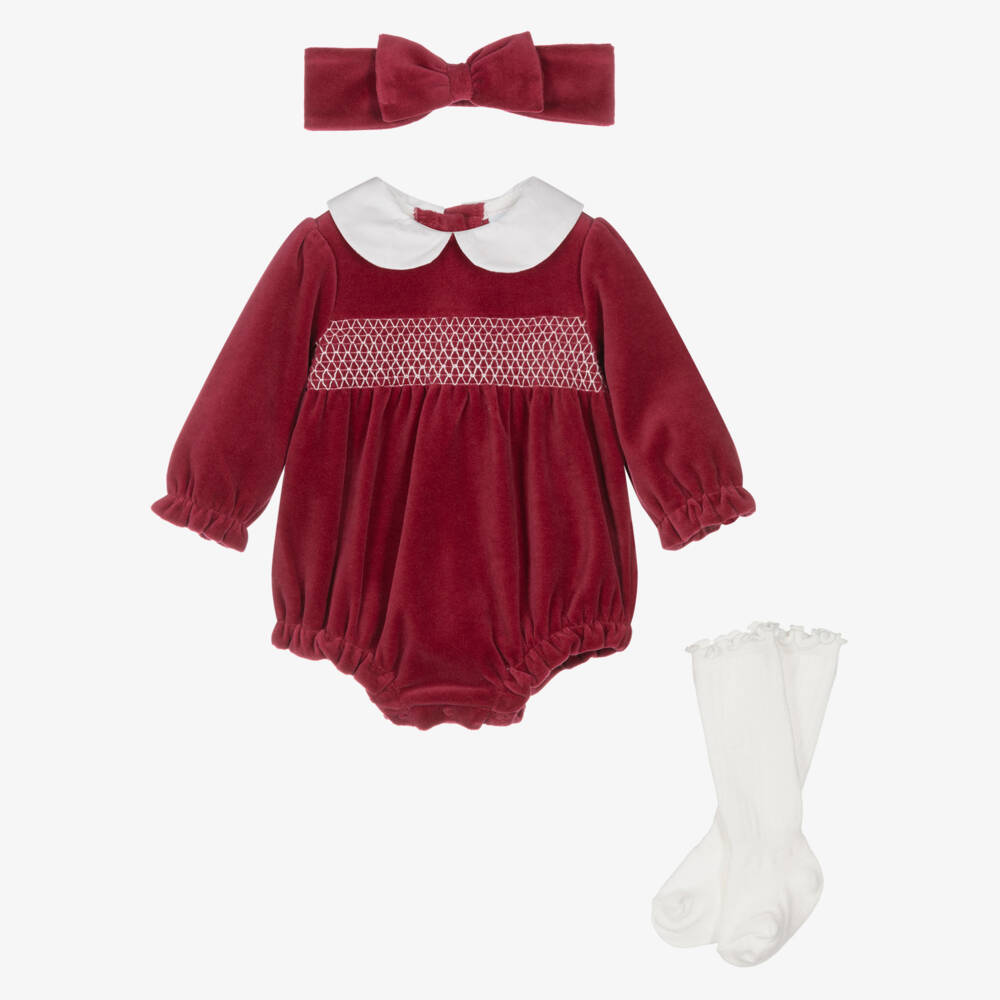 Little Me-Baby Girls Red Velour Smocked Shortie Set | Childrensalon