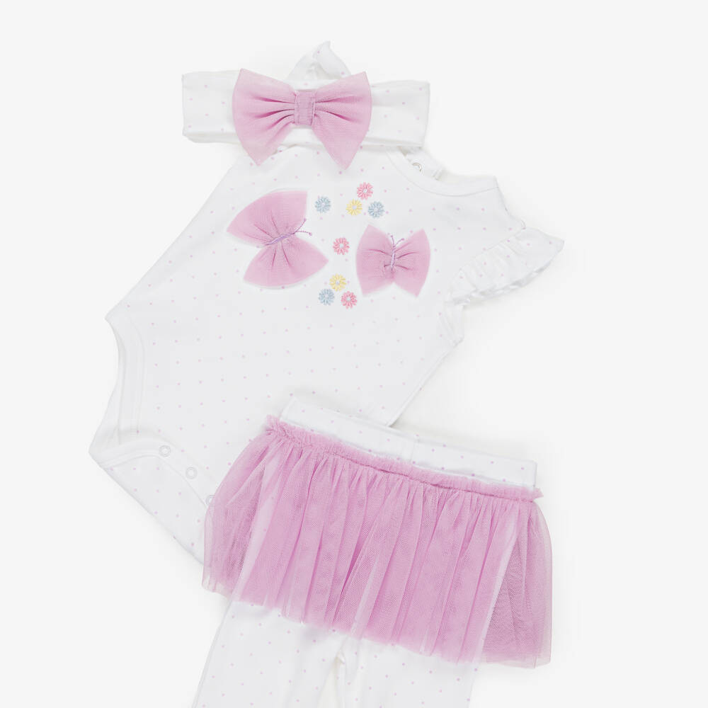 Little Me-Baby Girls White & Lilac Cotton Jersey Leggings Set | Childrensalon