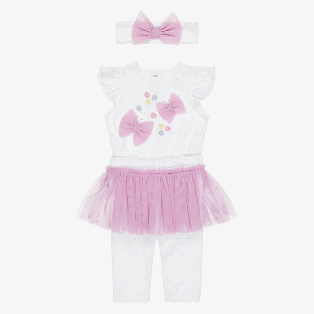 Little Me-Baby Girls White & Lilac Cotton Jersey Leggings Set | Childrensalon