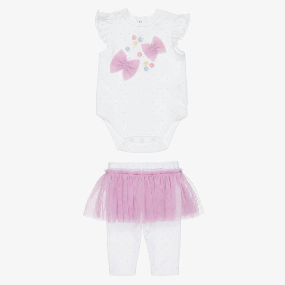 Little Me-Baby Girls White & Lilac Purple Cotton Leggings Set | Childrensalon