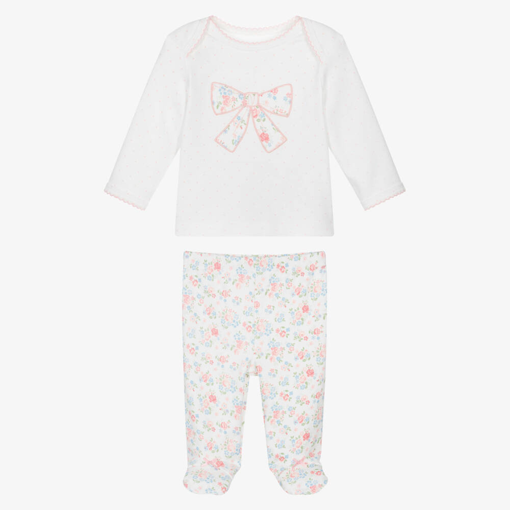 Little Me-Baby Girls White & Pink Cotton Floral Bow Babygrow Set | Childrensalon