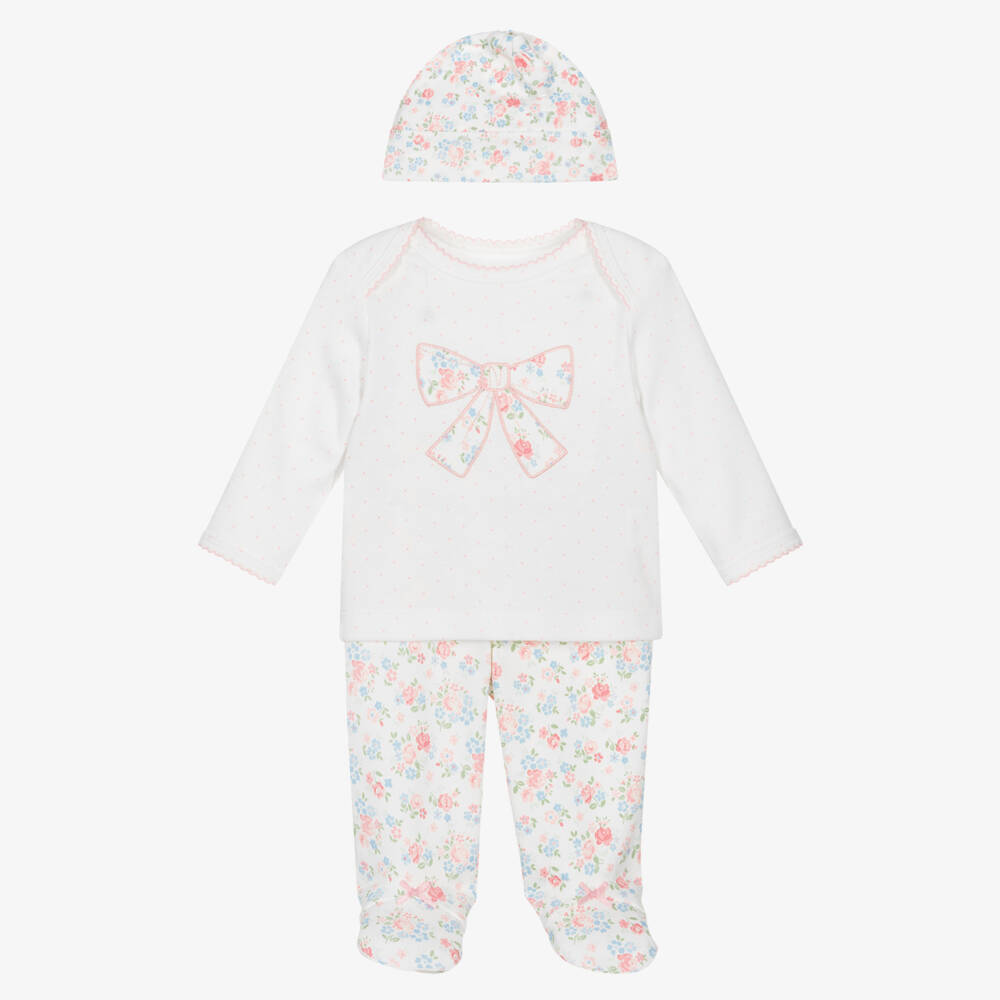 Little Me-Baby Girls White & Pink Cotton Floral Bow Babygrow Set | Childrensalon