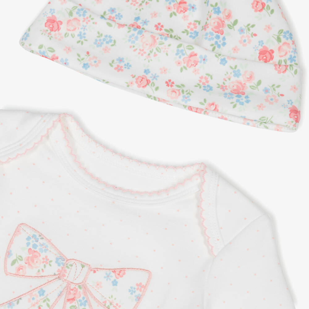 Little Me-Baby Girls White & Pink Cotton Floral Bow Babygrow Set | Childrensalon