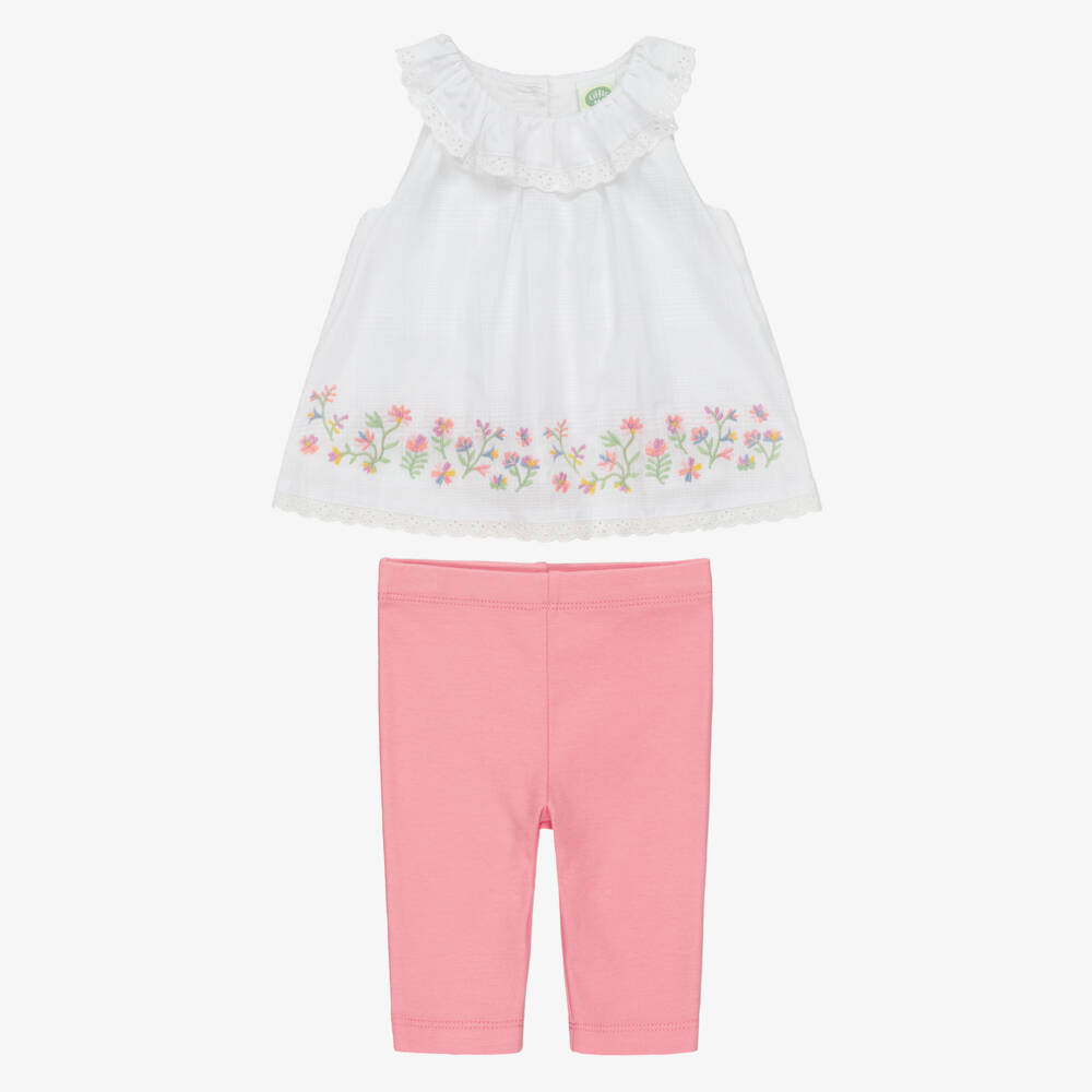 Little Me-Baby Girls White & Pink Cotton Leggings Set | Childrensalon