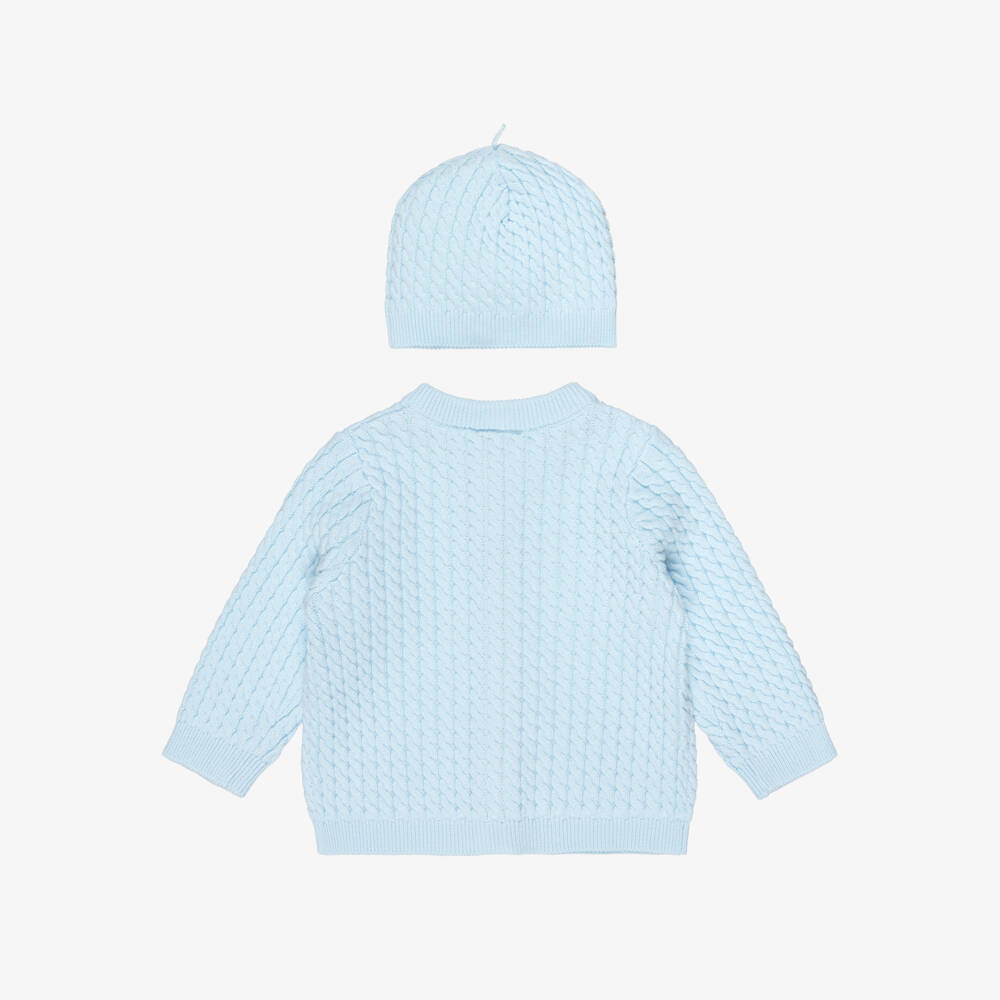 Little Me-Blue Cotton Cable Knit Baby Cardigan Set | Childrensalon