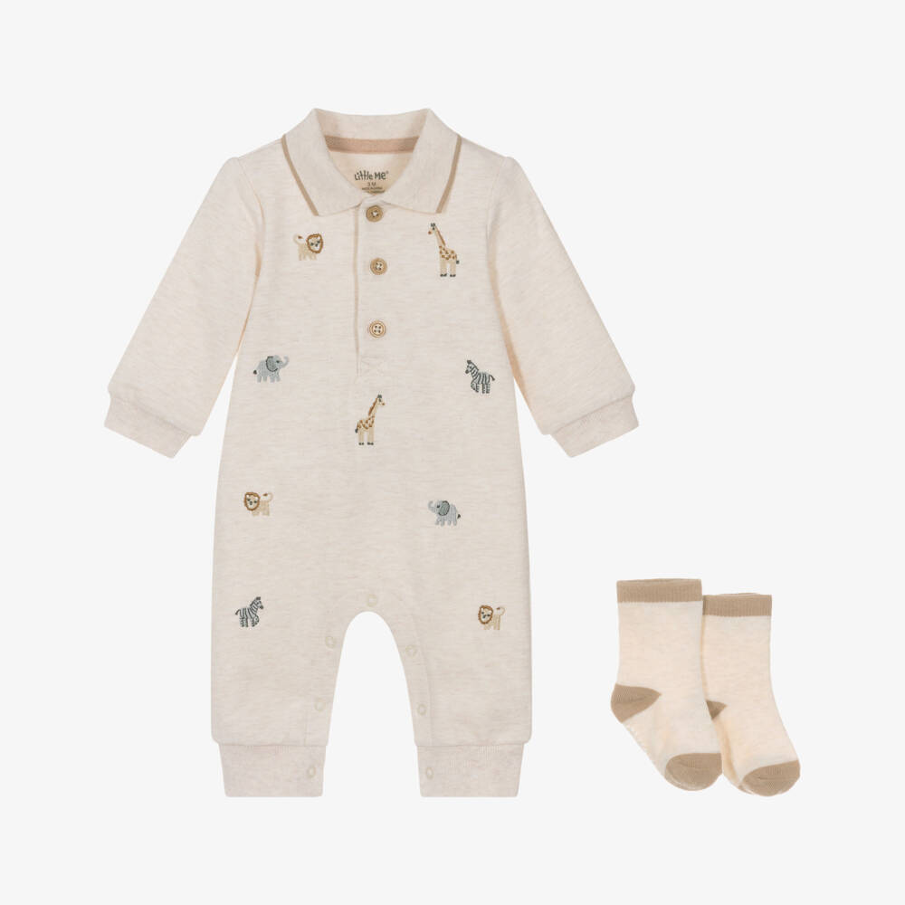 Little Me-Boys Beige Cotton Safari Animals Babysuit Set | Childrensalon