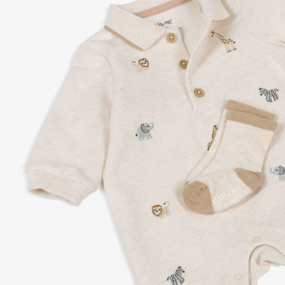 Little Me-Boys Beige Cotton Safari Animals Babysuit Set | Childrensalon