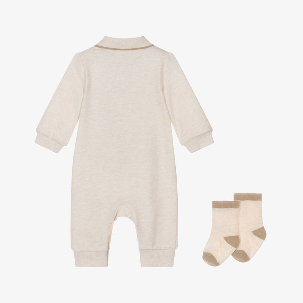 Little Me-Boys Beige Cotton Safari Animals Babysuit Set | Childrensalon