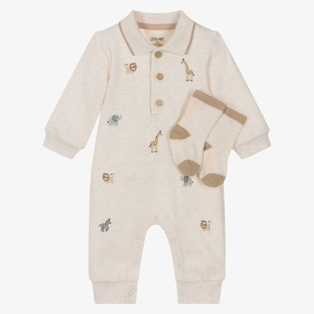 Little Me-Boys Beige Cotton Safari Animals Babysuit Set | Childrensalon