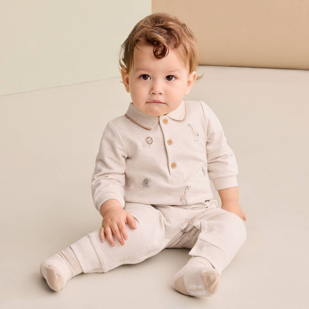 Little Me-Boys Beige Safari Animal Babysuit Set | Childrensalon