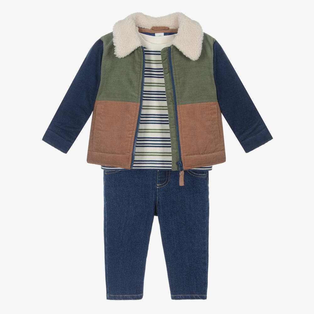 Little Me-Boys Blue & Green Colourblock Jacket & Denim Jeans Set | Childrensalon