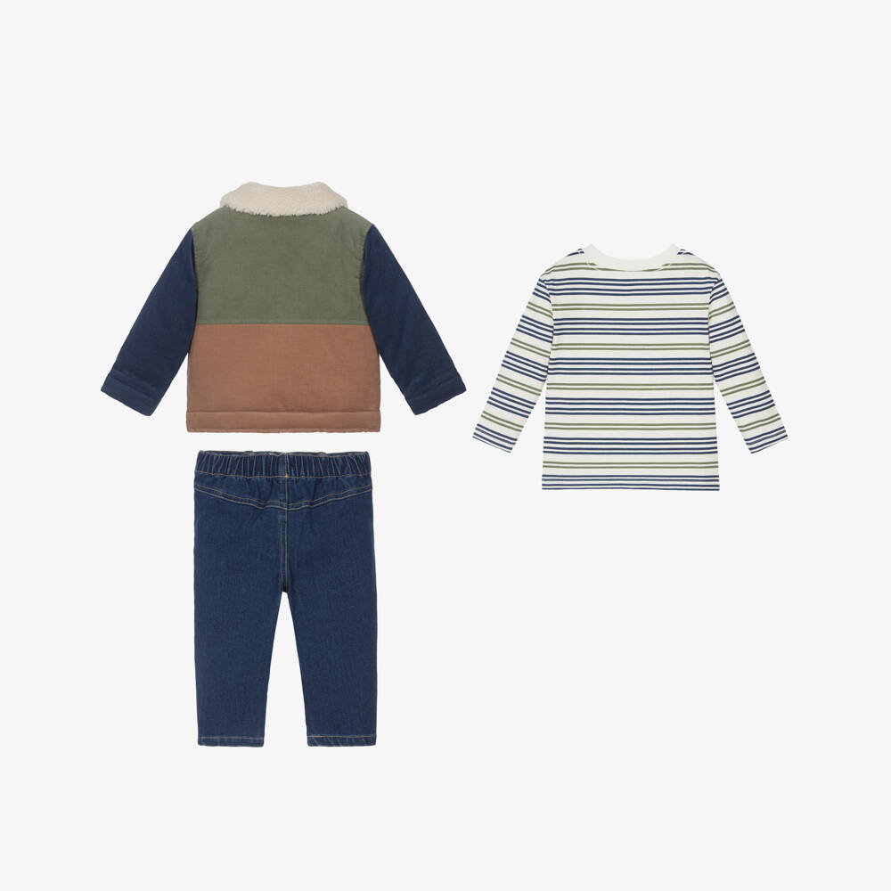 Little Me-Boys Blue & Green Colourblock Jacket & Denim Jeans Set | Childrensalon
