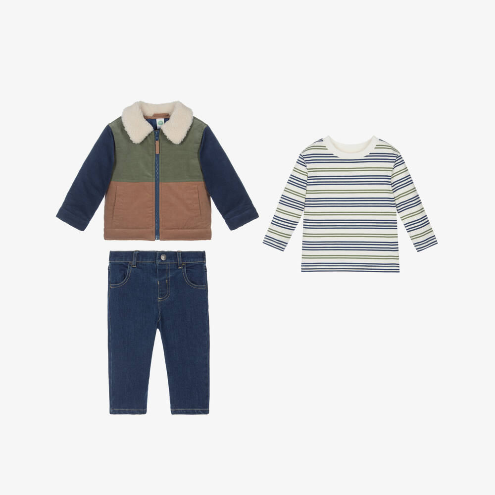 Little Me-Boys Blue & Green Colourblock Jacket & Denim Jeans Set | Childrensalon