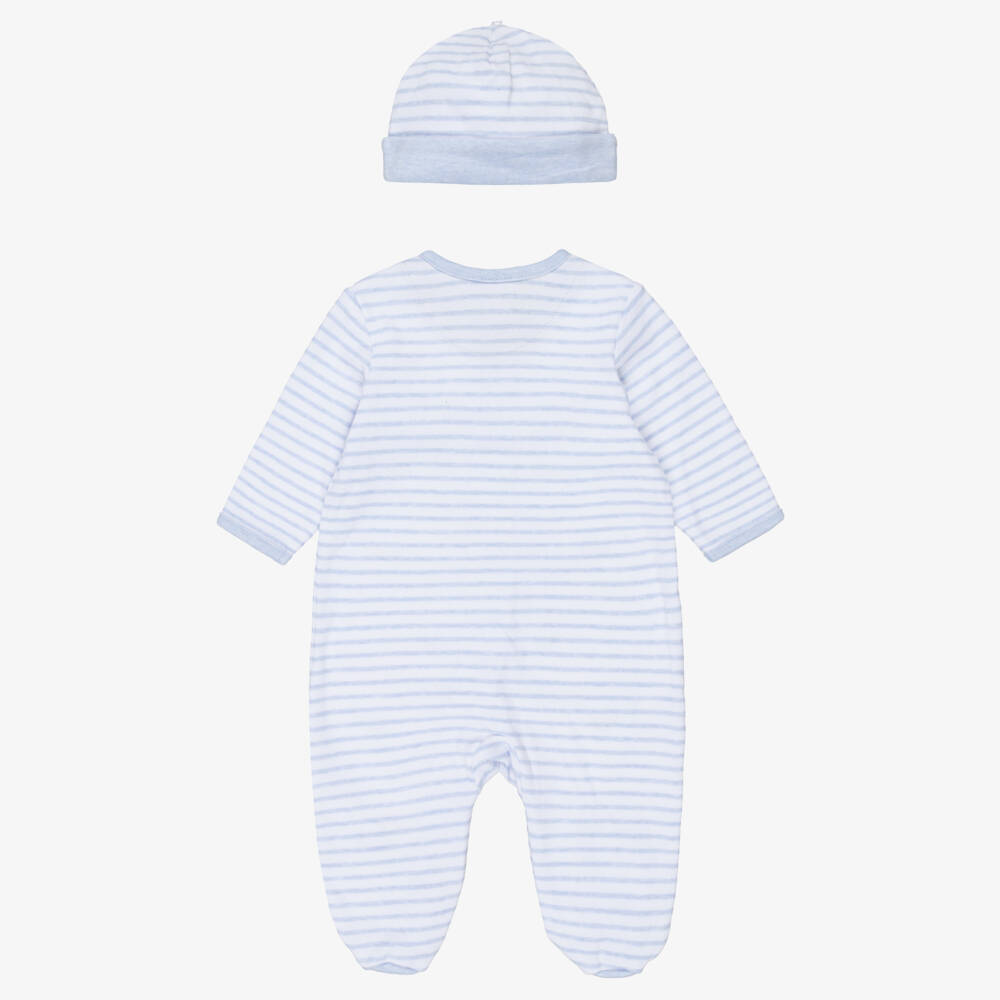 Little Me-Boys Blue Striped Babysuit Set with Embroidered Whales | Childrensalon