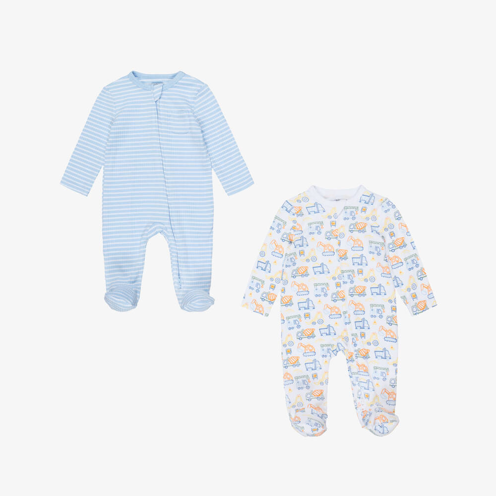 Little Me-Boys Blue & White Babysuits with Trucks & Stripes (2 Pack) | Childrensalon