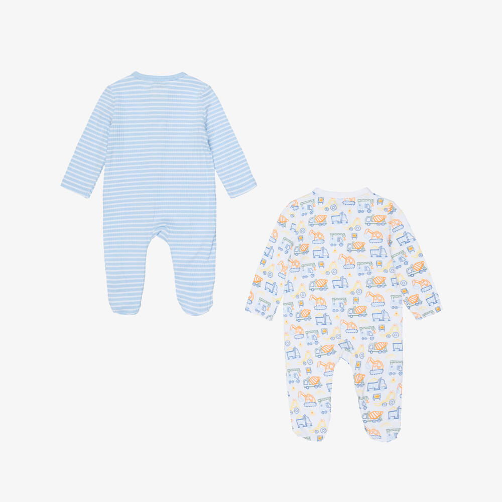 Little Me-Boys Blue & White Babysuits with Trucks & Stripes (2 Pack) | Childrensalon