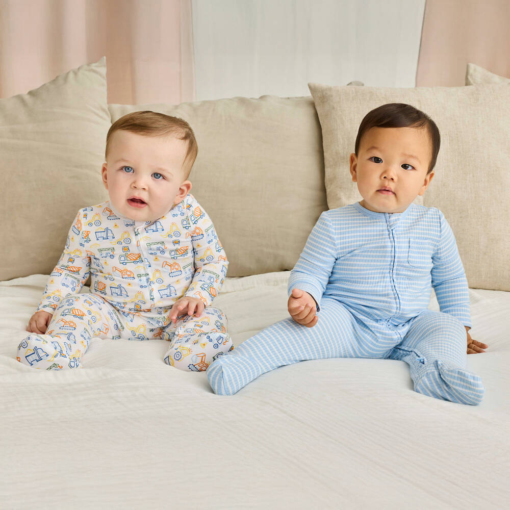 Little Me-أفارول بيبي غرو بطبعة بشاحنات وخطوط لون أبيض وأزرق للأولاد الرضع (عدد 2) | Childrensalon