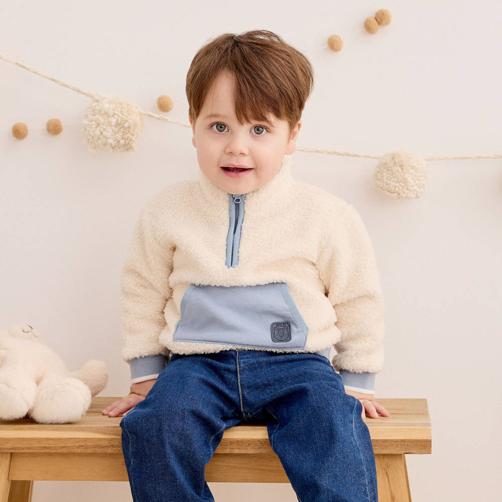 Little Me-Boys Ivory Fleece Top & Blue Denim Trouser Set | Childrensalon
