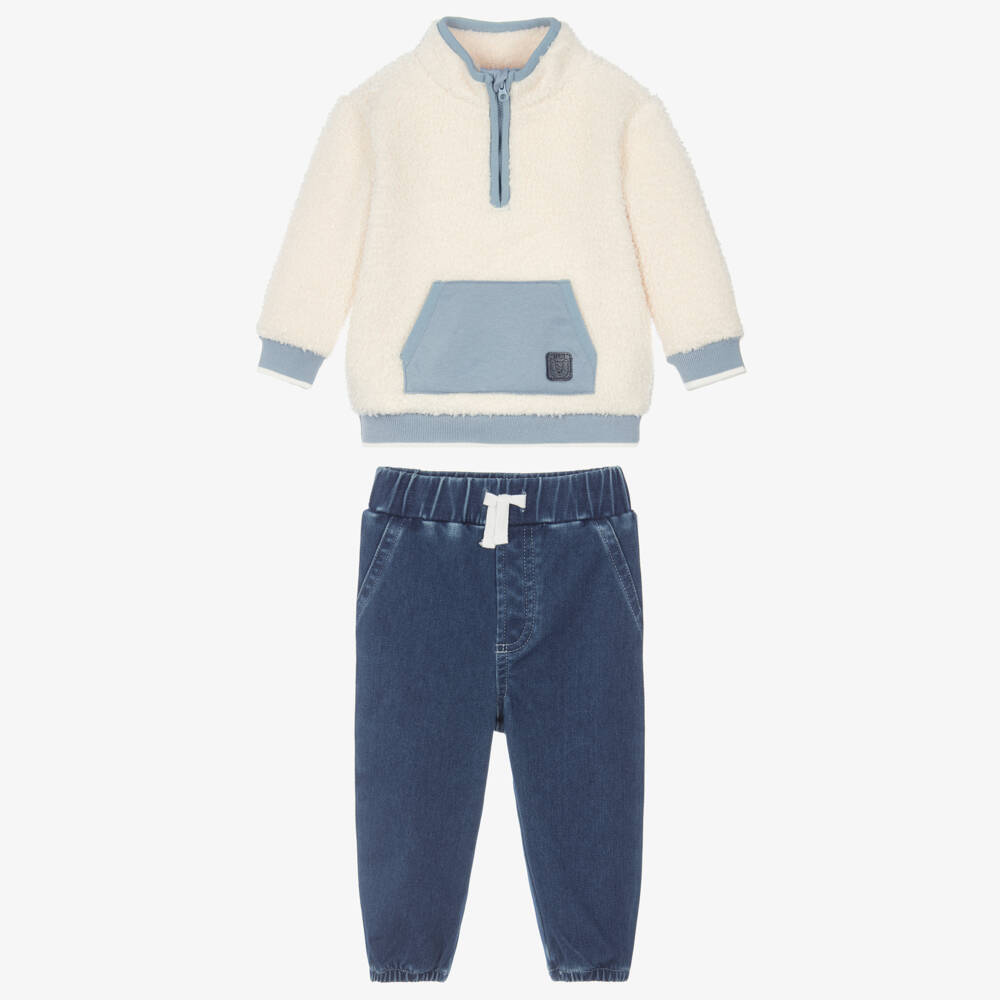 Little Me-Boys Ivory Fleece Top & Blue Denim Trouser Set | Childrensalon