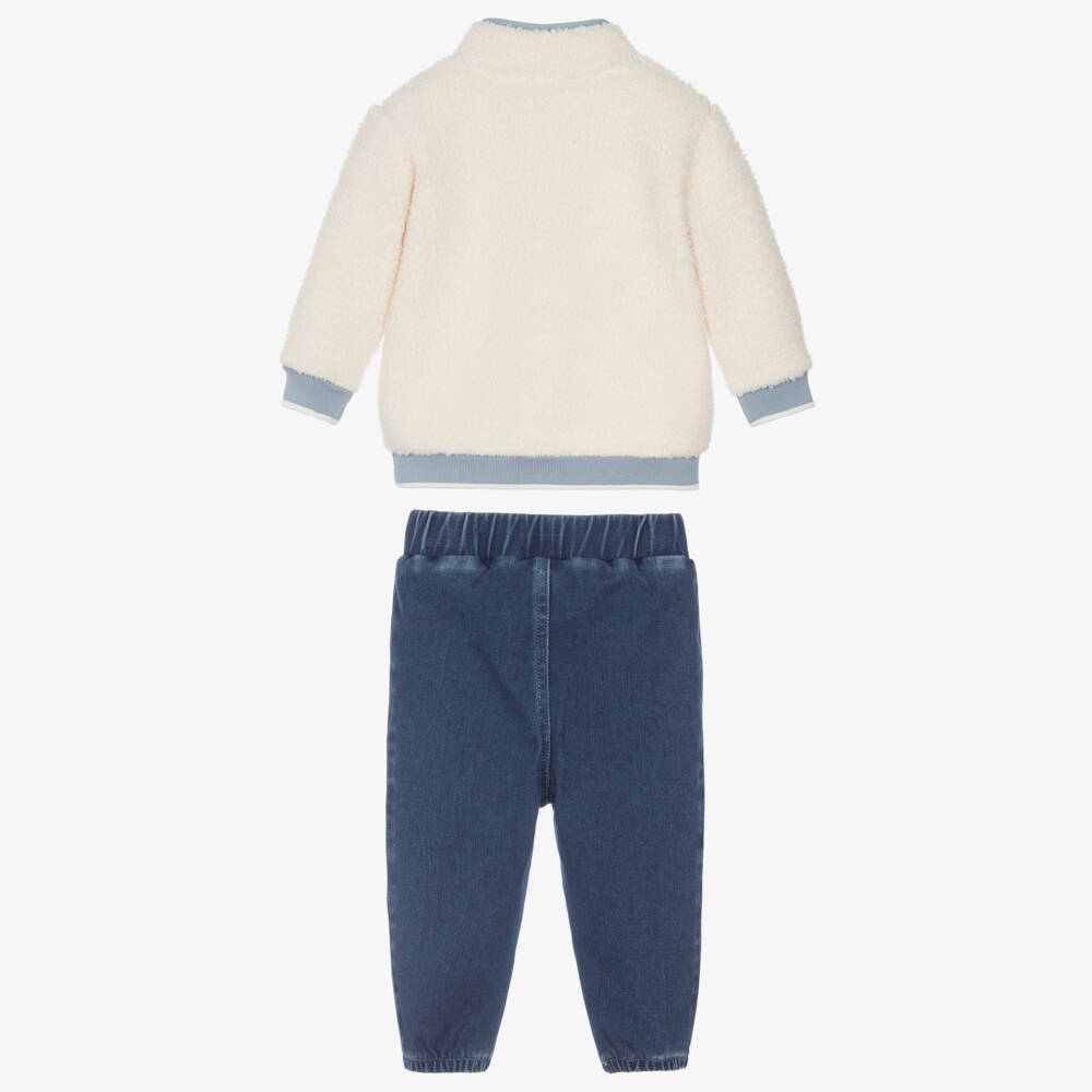 Little Me-Boys Ivory Fleece Top & Blue Denim Trouser Set | Childrensalon