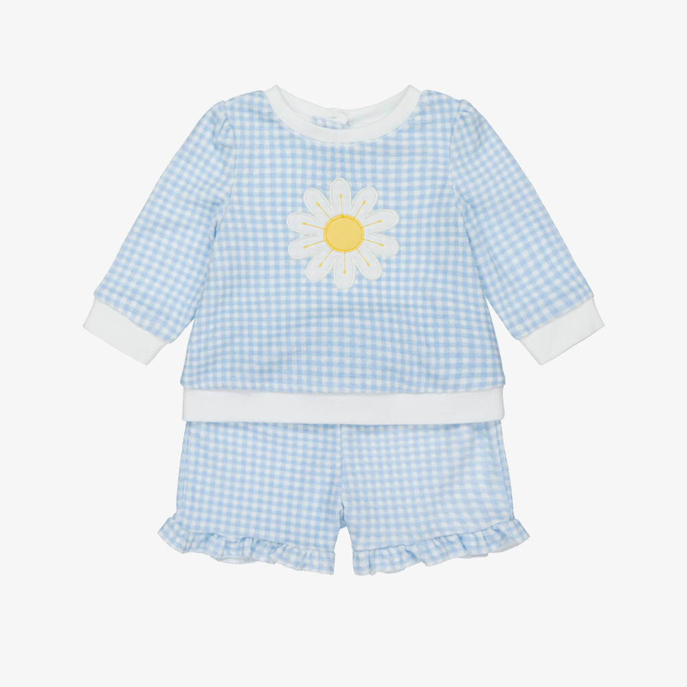 Little Me-Girls Blue Gingham Cotton Towelling Shorts Set | Childrensalon