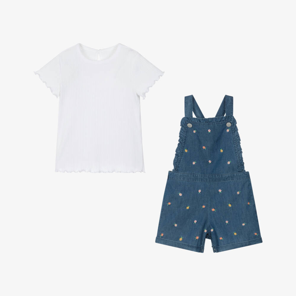 Little Me-Girls Blue & White Cotton Chambray Dungaree Shorts Set | Childrensalon