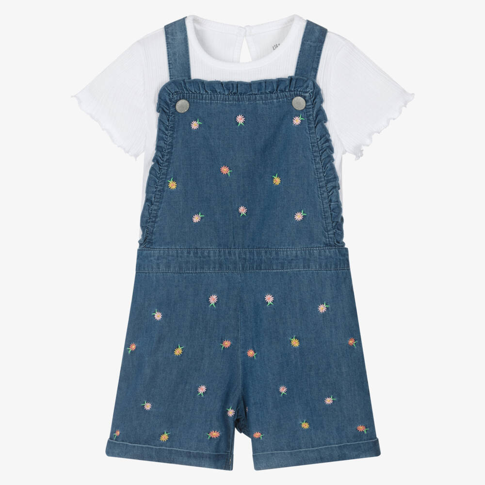 Little Me-Girls Blue & White Cotton Chambray Dungaree Shorts Set | Childrensalon
