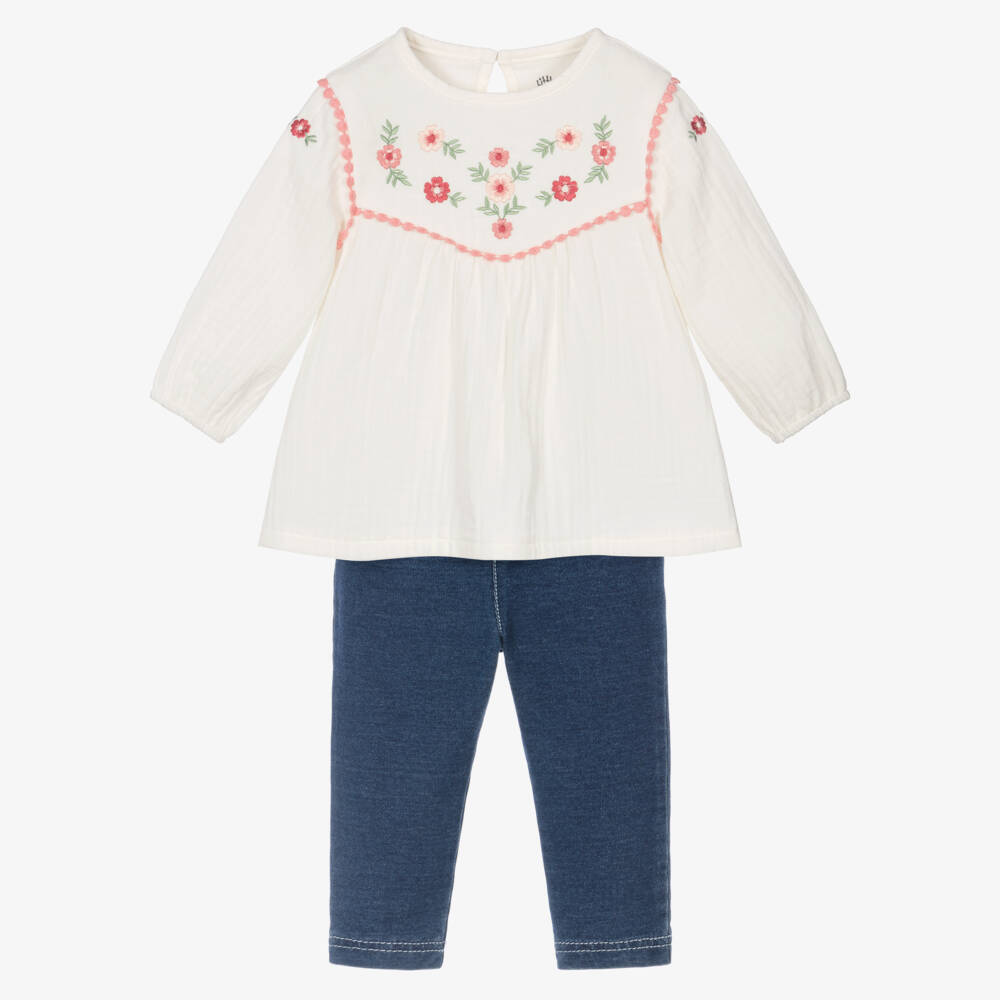 Little Me-Girls Ivory Blouse & Blue Denim Jersey Leggings | Childrensalon