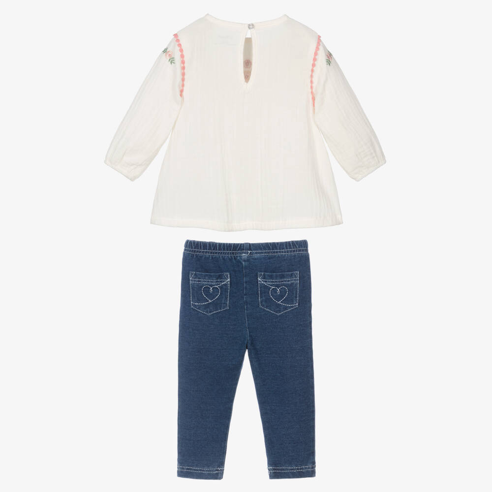 Little Me-Girls Ivory Blouse & Blue Denim Jersey Leggings | Childrensalon