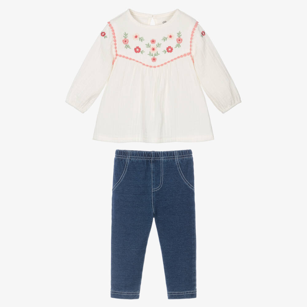 Little Me-Girls Ivory Blouse & Blue Denim Jersey Leggings | Childrensalon