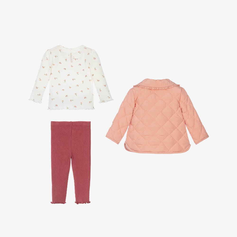 Little Me-Girls Ivory & Pink Leggings Set with Quilted Coat | Childrensalon