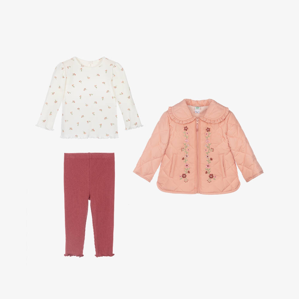 Little Me-Girls Ivory & Pink Leggings Set with Quilted Coat | Childrensalon