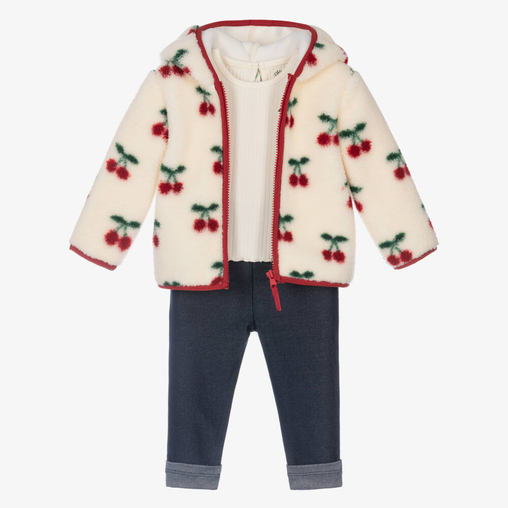 Little Me-Girls Ivory Sherpa Jacket & Blue Leggings Set | Childrensalon