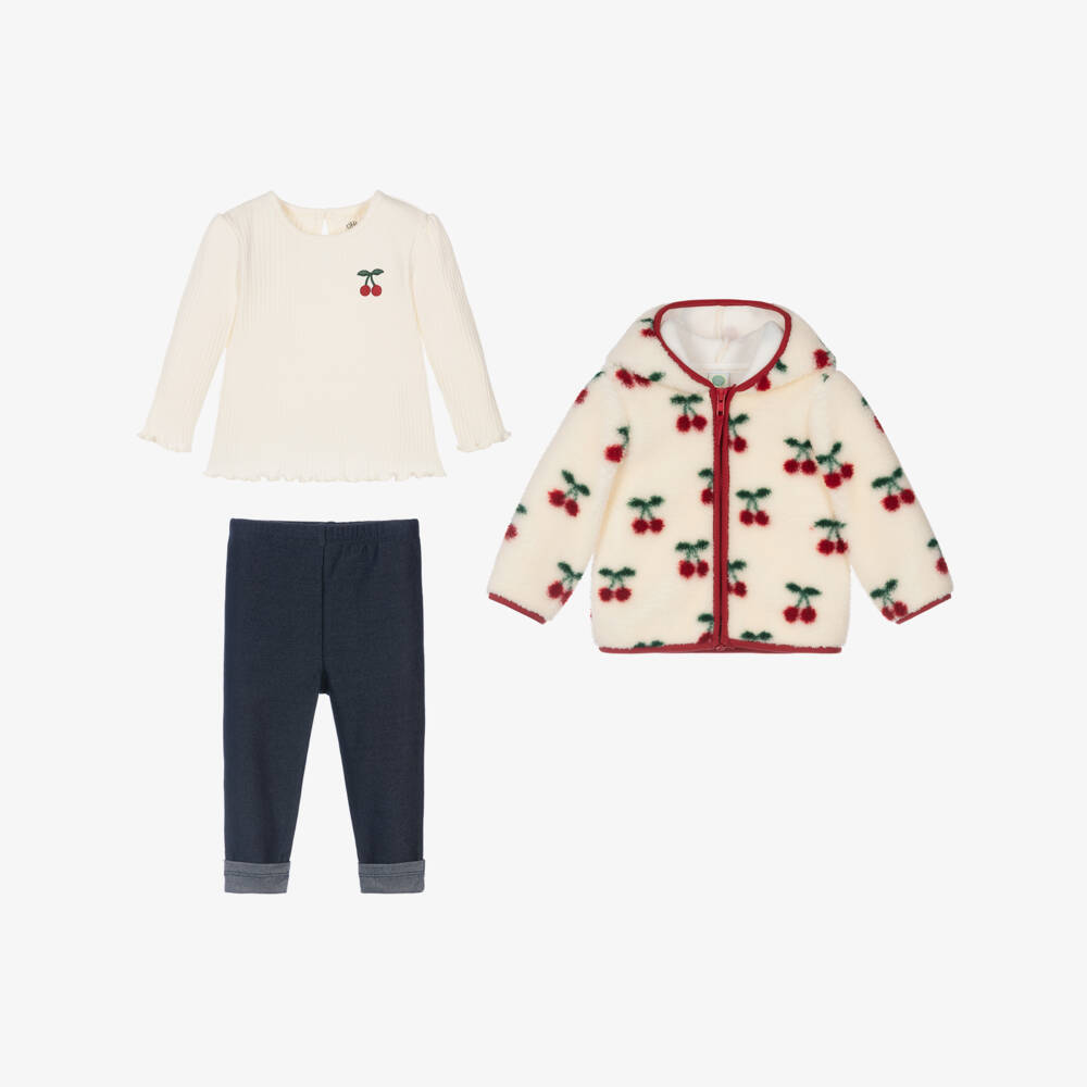 Little Me-Girls Ivory Sherpa Jacket & Blue Leggings Set | Childrensalon