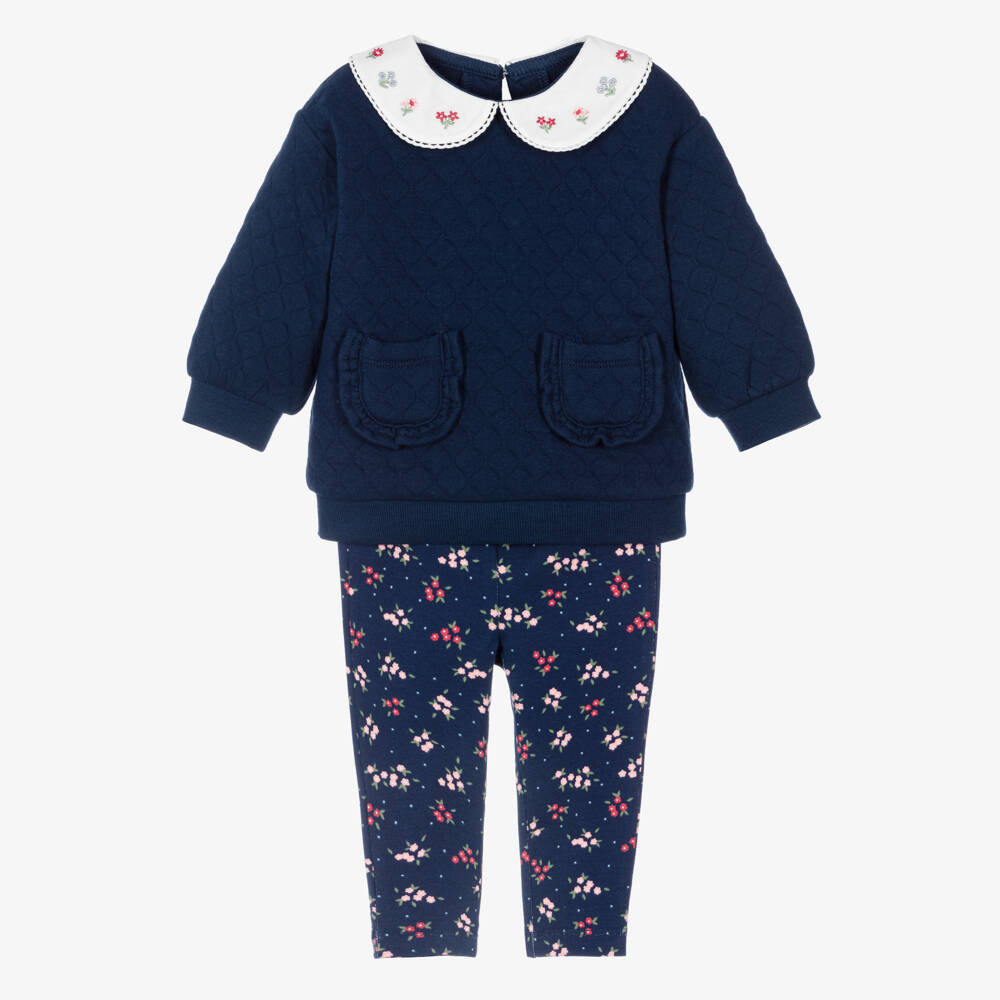 Little Me-Girls Navy Blue Floral Patterned Leggings Set | Childrensalon