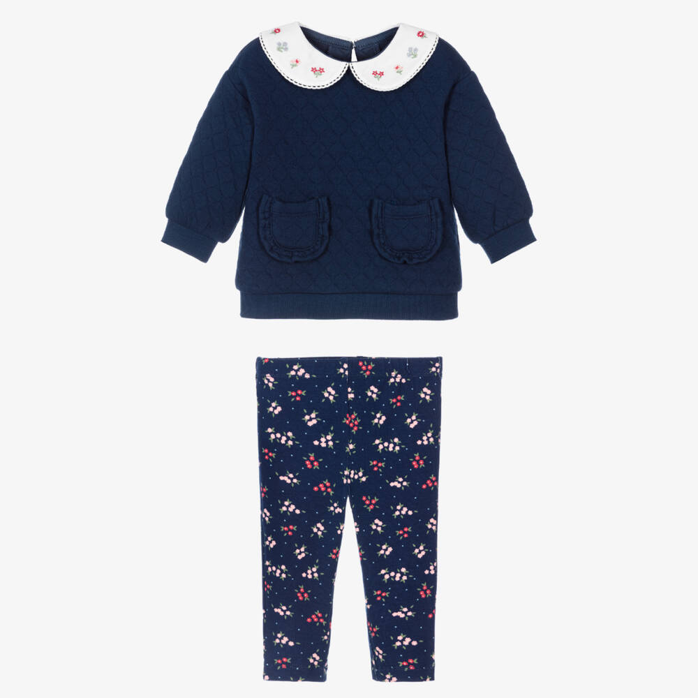 Little Me-Girls Navy Blue Floral Patterned Leggings Set | Childrensalon