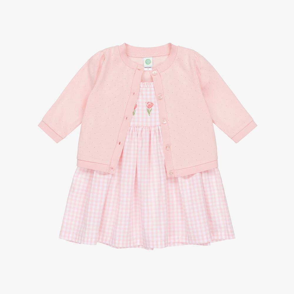Little Me-Girls Pink Gingham Cotton Dress & Cardigan Set | Childrensalon