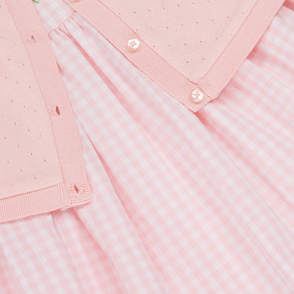 Little Me-Girls Pink Gingham Cotton Dress & Cardigan Set | Childrensalon