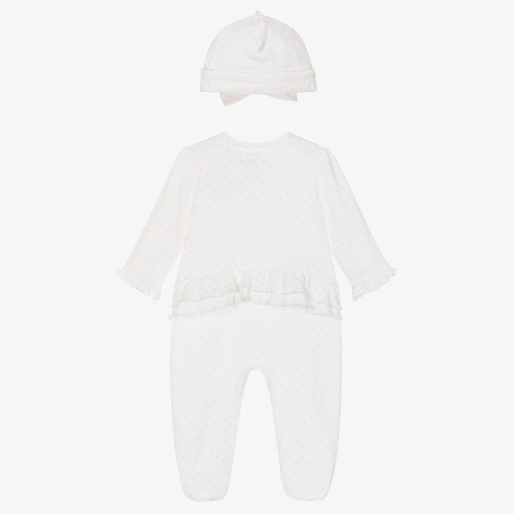 Little Me-Girls White Babysuit Set with Pink Dots & Floral Embroidery | Childrensalon