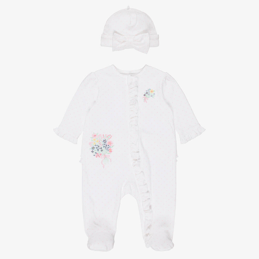 Little Me-Girls White Babysuit Set with Pink Dots & Floral Embroidery | Childrensalon