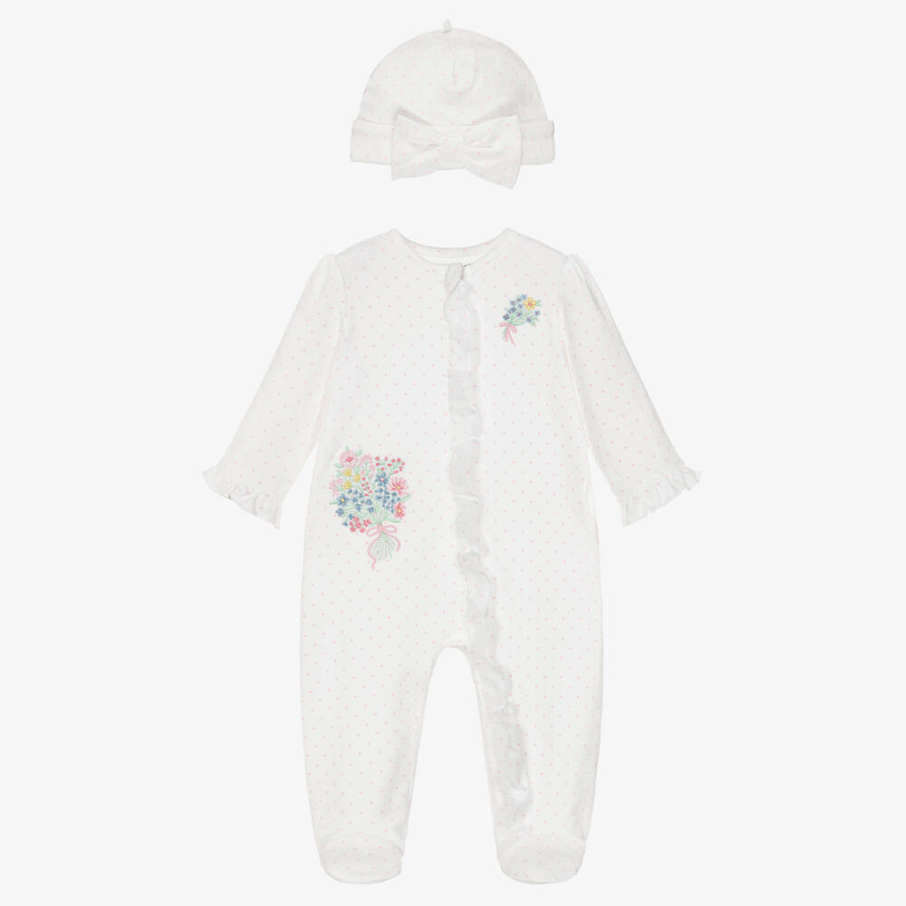 Little Me-طقم بيبي سوت لون أبيض بنقاط وتطريز ورود للبنات | Childrensalon