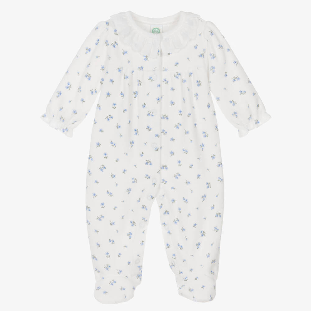 Little Me-Girls White & Blue Floral Cotton Velour Babygrow | Childrensalon