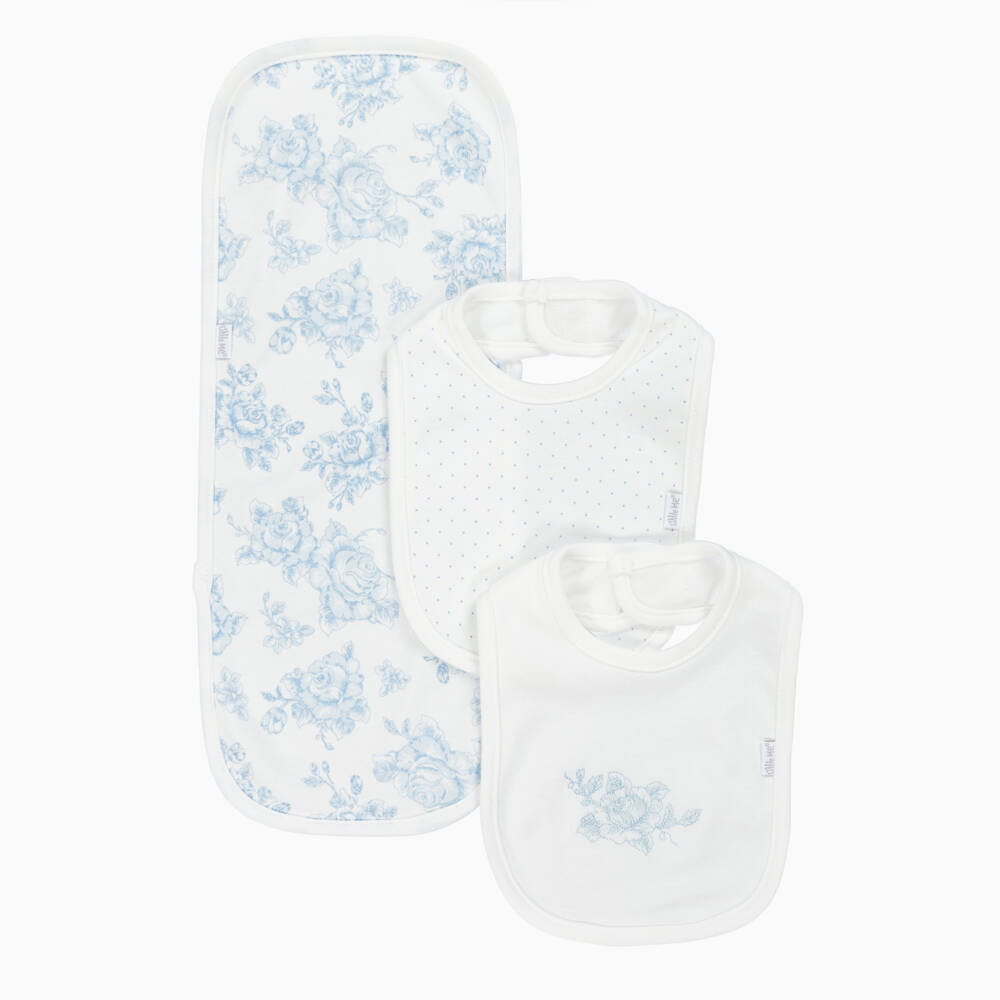 Little Me-Girls White & Blue Rose Reversible Burp Cloth & Bib Set | Childrensalon