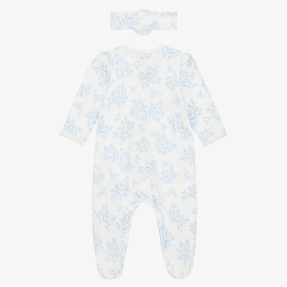 Little Me-Girls White & Blue Roses Cotton Babysuit Set | Childrensalon