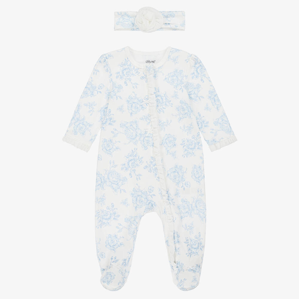Little Me-Girls White & Blue Roses Cotton Babysuit Set | Childrensalon