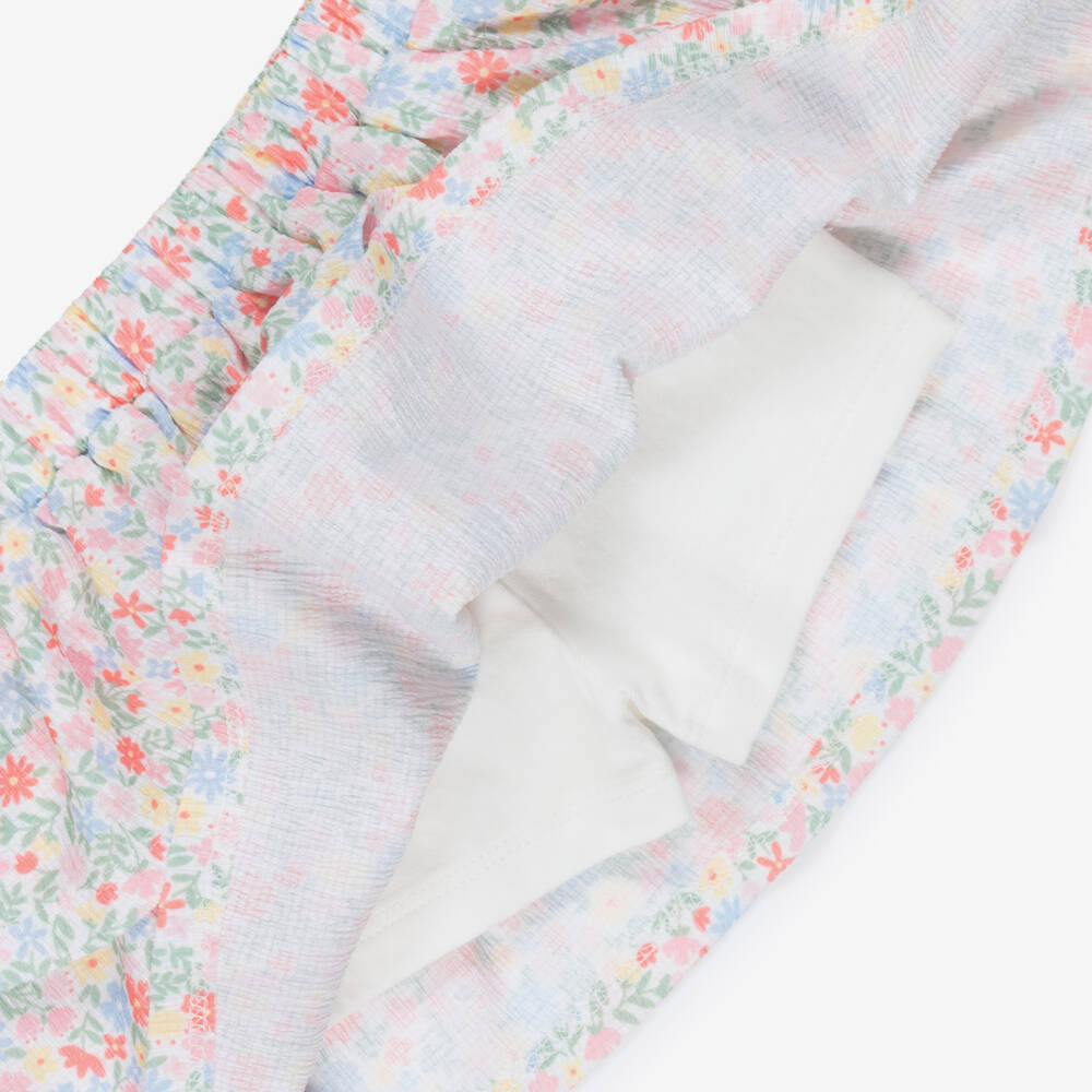 Little Me-Girls White Cotton Skirt Set with Pink Floral Print | Childrensalon