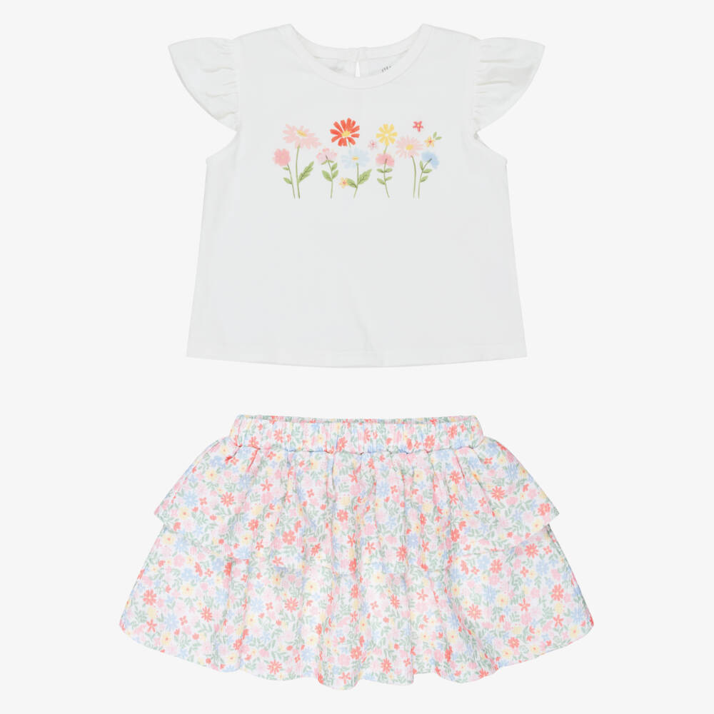 Little Me-Girls White Top and Pink Floral Skirt Set | Childrensalon